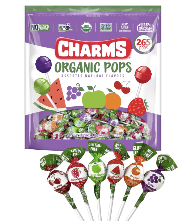 Charms Organic Pops (265 Count) – USDA Organic Fruit Candy Lollipops Made with All Natural Flavors and Ingredients – Dye-Free, Gluten- Free, Non-GMO, 3 lb Resealable Bag